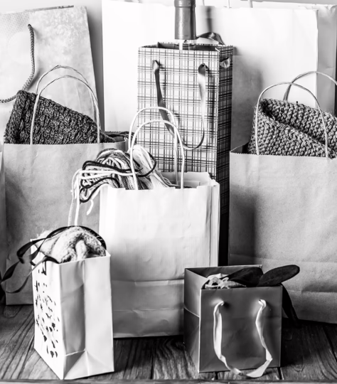 Shopping bags on the floor with gifts inside.