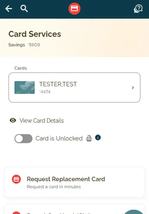 Sample image of card controls area in EastRise Digital Banking