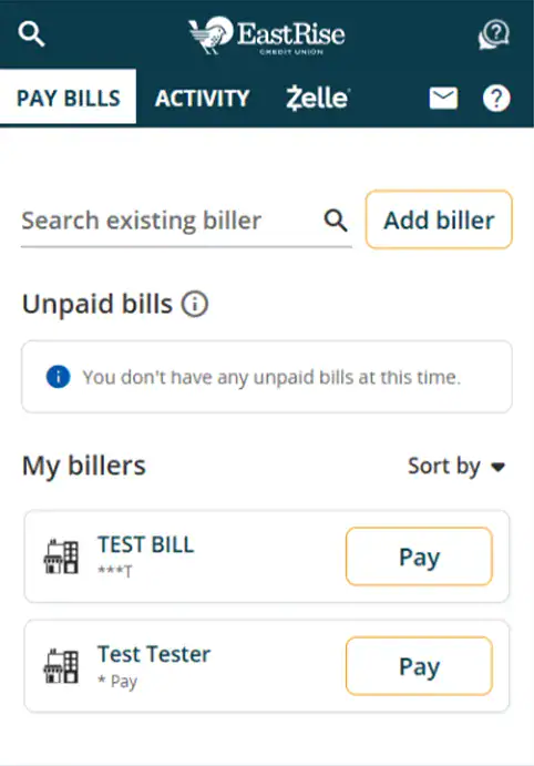 Sample image of where you can pay bills in EastRise Digital Banking